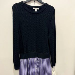 NWT navy blue sweater top, attached stripe shirtwaist skirt dress with buttons